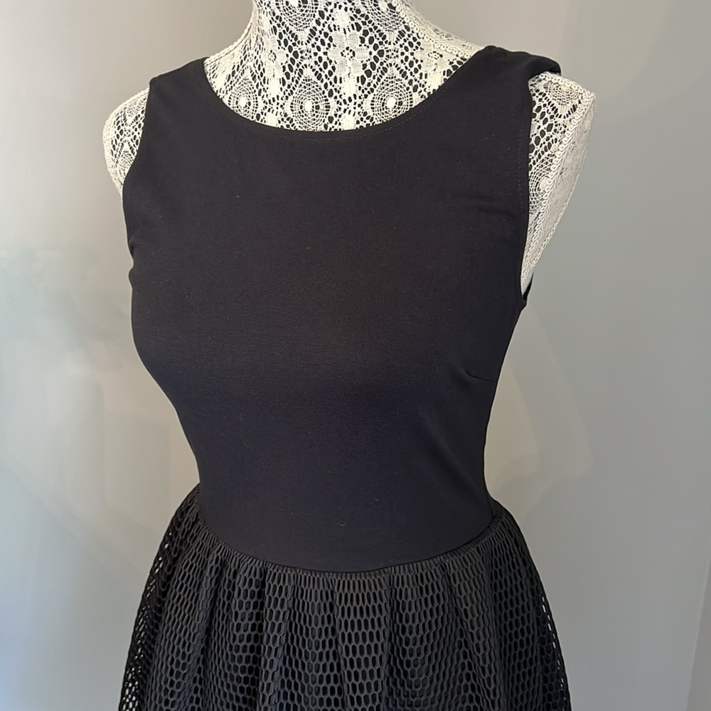 Saks Fifth Avenue Black Fit & Flare Mesh Mini Dress - Picture 2 of 7